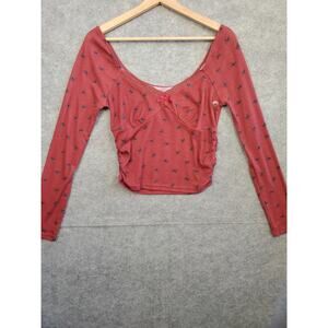 NWOT Women's Aeropostale Size M Burgundy Long Sleeve Bow Print V-Neck Crop Top